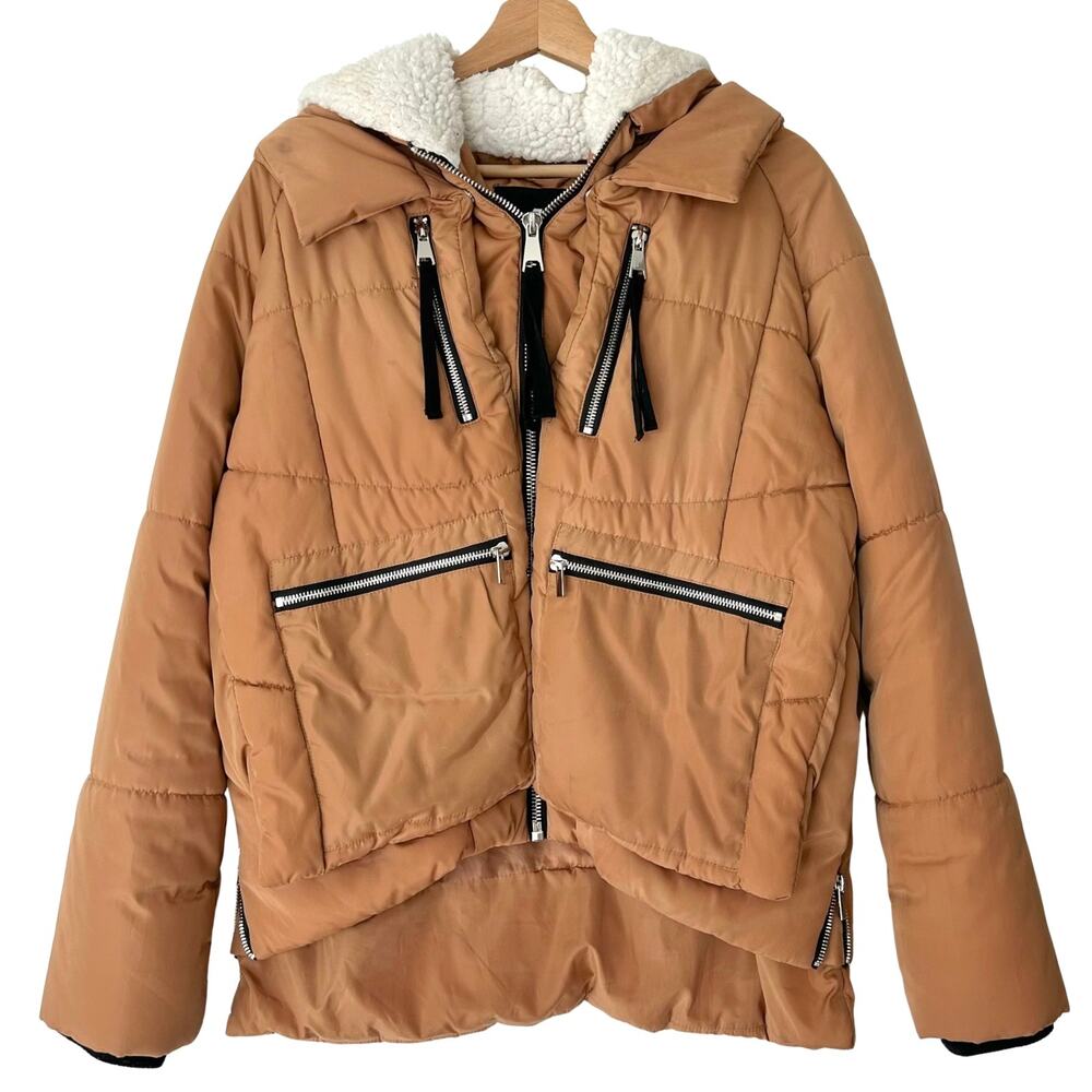7 For All Mankind Camel Puffer Coat M Sherpa Lined Hood Silver Zips Asymmetric